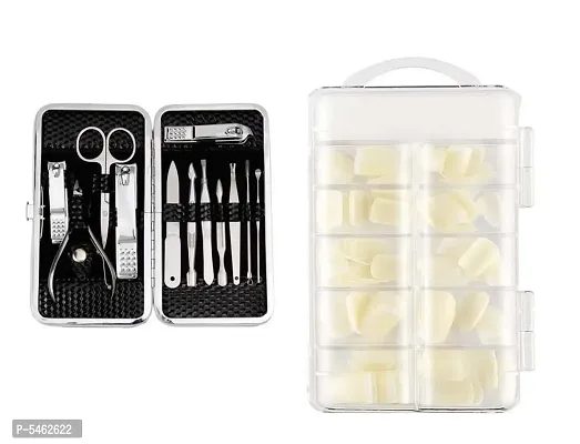 100 Tips Artificial / Fake Nails + Grooming Kit Nail Cutter Tools Manicure  Pedicure (Set of 12 Pcs)