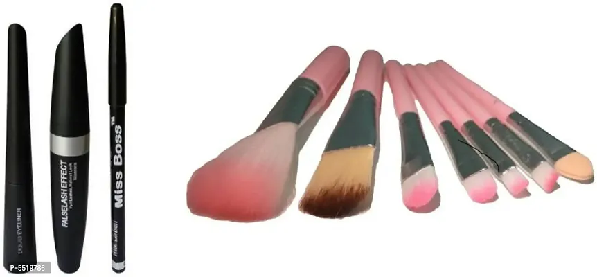 Combo Of 7 Pcs Makeup Brushes  Perfect Liquid Eyeliner + Mascara + Eyebrow Pencil