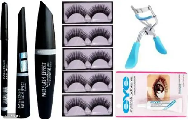 Combo Of Eyebrow Pencil Black With Mascara And Liquid Eyeliner (3In1),Glue,Eyelash Curler, 5 Pair Eyelashes (10 Items In The Set)