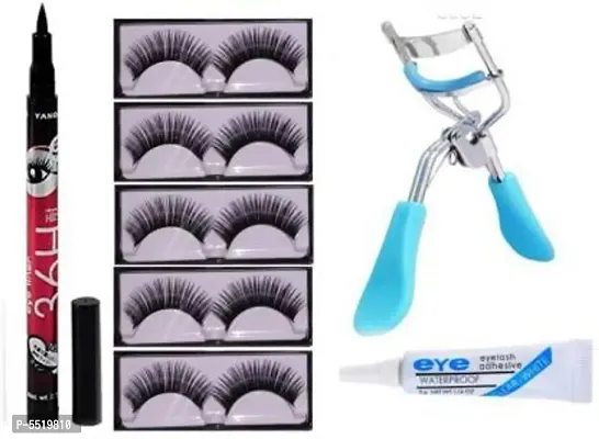False Eyelash Set Of 5, Eyelash Curler, Eyelash Glue With 36 Hrs Eyeliner (8 Items In The Set)