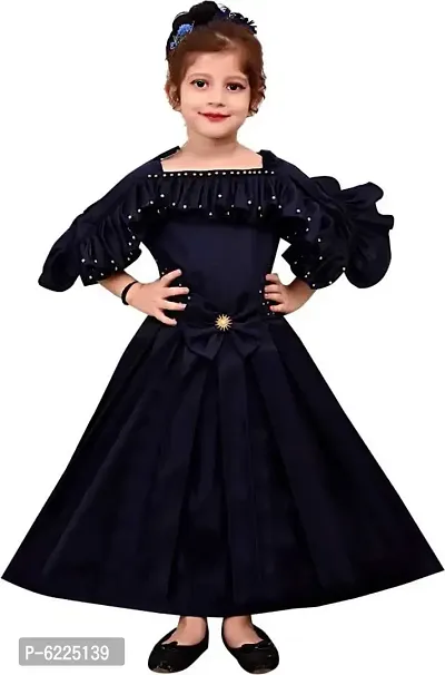 Stylish Silk Blend Navy Blue Gown Style Long Dress For Girls