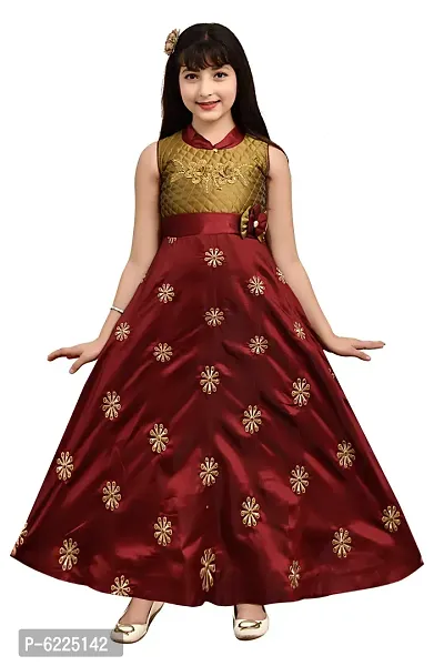 Stylish Silk Blend Red Gown Style Long Dress For Girls