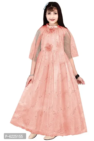 Stylish Silk Blend Peach Gown Style Long Dress For Girls