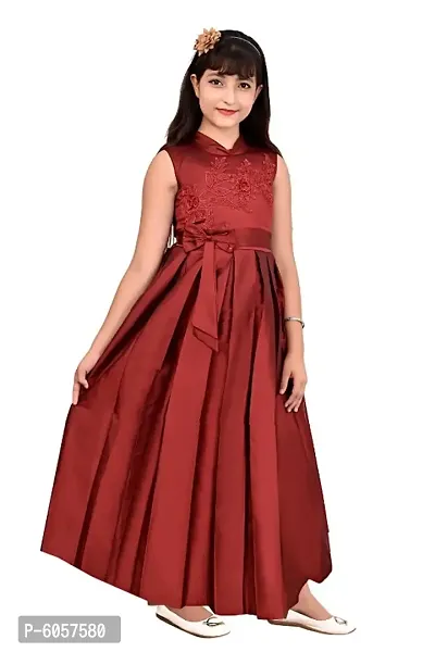 Elegant Maroon Satin Solid Stitched Ethnic Gown For Girls