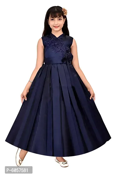 Elegant Navy Blue Satin Solid Stitched Ethnic Gown For Girls
