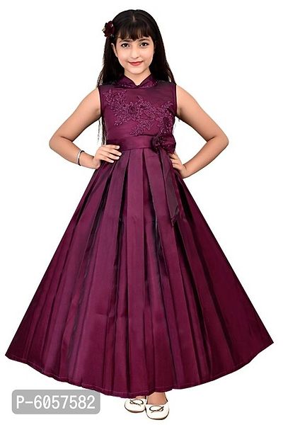 Elegant Magenta Satin Solid Stitched Ethnic Gown For Girls