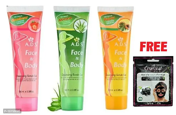 ADS Face  Body Scrub Jel 3 +Charcoal Face pack (Pack of 4)