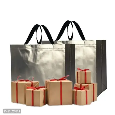 Silver Gift Bags Laminated Carry Bags, Tote Bags for Wedding, Birthday, Anniversary N-thumb5
