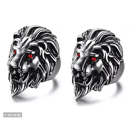 Combo Of 2 Majestic Guardian Silver Alloy Lion Ring With Fiery Red Eye