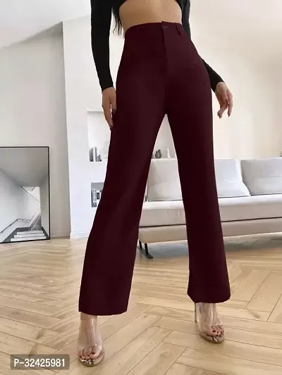 Elegant Maroon Polyester Spandex Solid Trousers For Women