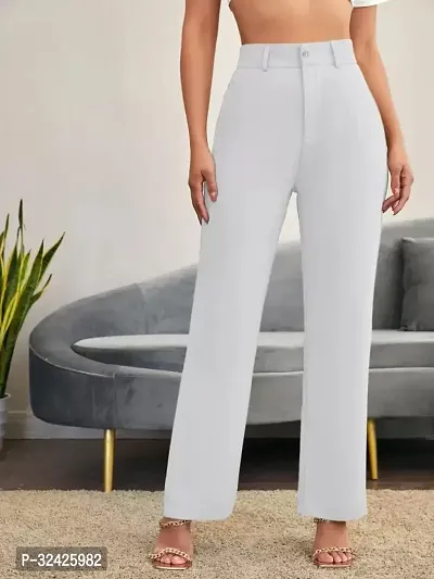 Elegant White Polyester Spandex Solid Trousers For Women-thumb0