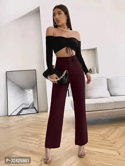 Elegant Maroon Polyester Spandex Solid Trousers For Women-thumb5