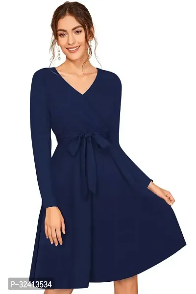 Stylish Blue Polyester Spandex Solid A-Line Dress For Women-thumb0