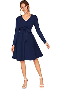 Stylish Blue Polyester Spandex Solid A-Line Dress For Women-thumb1