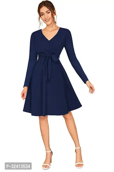 Stylish Blue Polyester Spandex Solid A-Line Dress For Women-thumb2