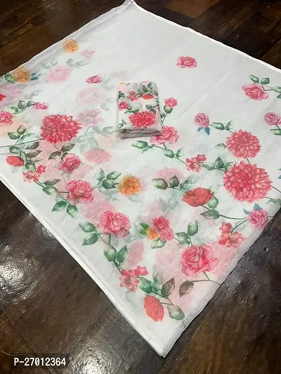 Elegant Cotton Silk White Floral Print Saree With Blouse Piece For Women-thumb0