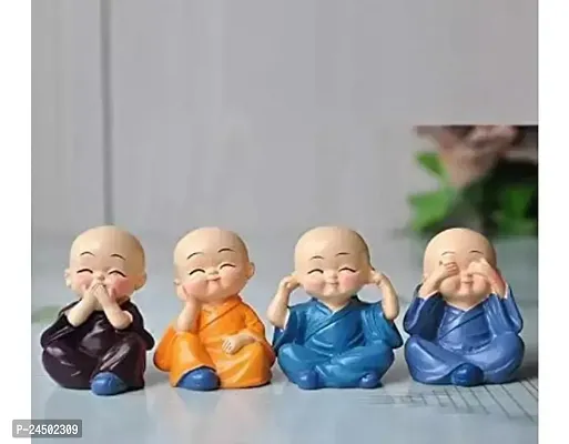 Buddha Monk Set of 4 Statue Figurines Showpiece Cute Mini Buddha Idol Statue for Car Dashboard Table Top Home Decoration