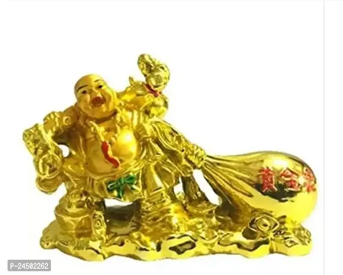 India Laughing Buddha Drag the Money Potli for Money Wealth and Good luck Small Golden Color-thumb0