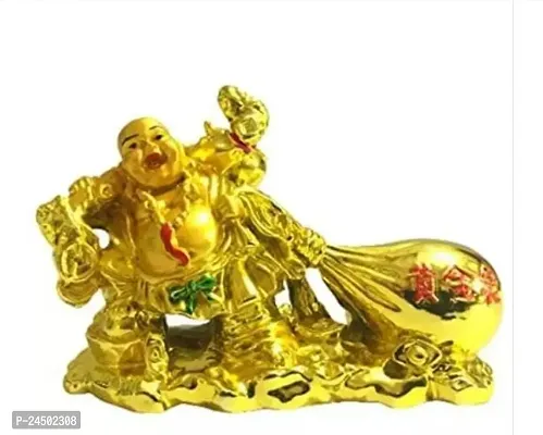 India Laughing Buddha Drag the Money Potli for Money Wealth and Good luck Small Golden Color