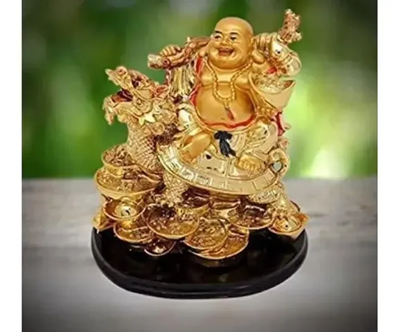 RIPE INDIA ? Polyresin Laughing Buddha on Dragon (Gold, 14 cm)