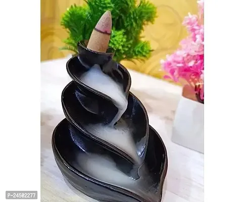 Triple Jharna Backflow Smoke Fountain Incense Holder Decorative Showpiece with 10 Free Cones Glossy Black