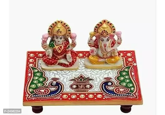 Laxmi Ganesh Chowki Peacock and Kalash degsined Marble Pooja chowki Size 6x4 Inches-thumb0