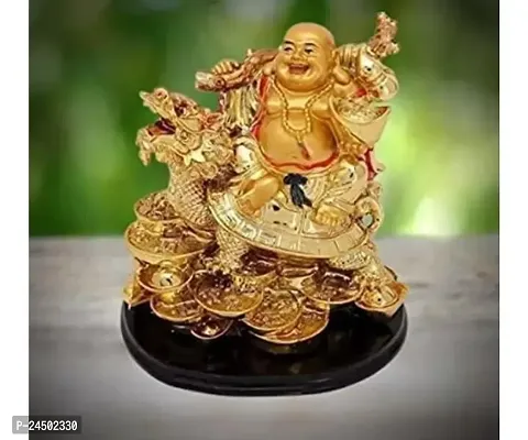 Laughing Buddha Sitting On Tortoise Dragon for Good Health Golden Color Laughing Buddha Vaastu Fengshui Showpiece Idol I Made in IndiaSai Baba Polyresin Idol-thumb0