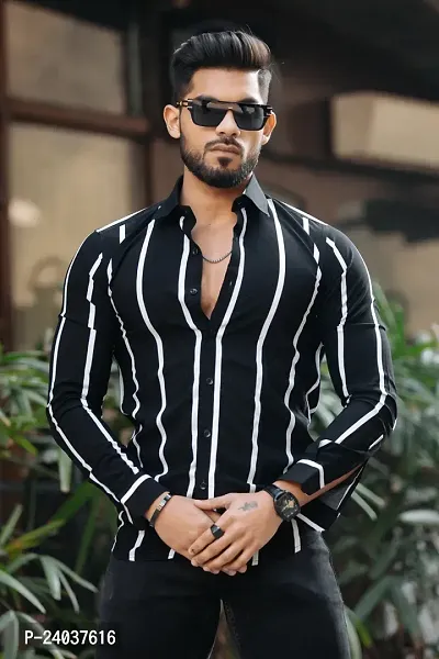 Stylish Regular Fit Striped Polyester Spandex  Long Sleeves Casual Shirt for Men-thumb0