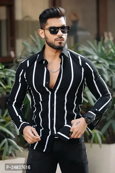 Stylish Regular Fit Striped Polyester Spandex  Long Sleeves Casual Shirt for Men-thumb2