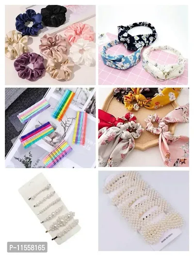 Snowpearl 20 Pieces Hair Accessories Combo - Hair Scrunchies Plain | Pearl Hair Clip Tik Tik | Pearl Hair Pin | Head Band | Scarf Scrunchies | Bobby Hair Clip - Multicolor-thumb2