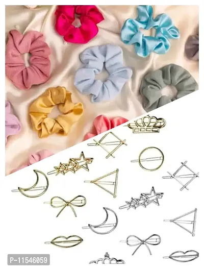 Snowpearl Combo of 6 Hair Accessories - Golden & Silver Tone Hair Clips & Plain Hair Scrunchies for Girls, Women - Assorted Design & Color + Free 01 Piece Pop Out Mobile Phone Holder for Smart Grip