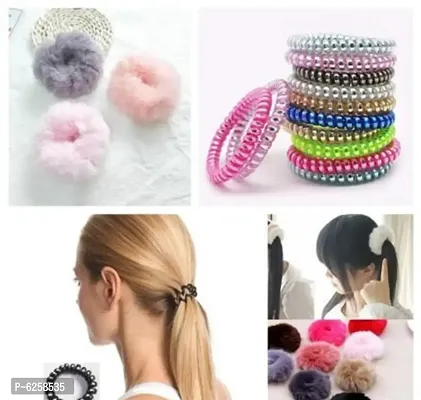 03 Pieces Spiral Stretch Ponytail Holder Telephone Wire Unbreakable Rubber Band | 03 Pieces Fur Fluffy Elastic Hair Band, Faux Ponytail Holders | Combo of 06 Pieces Hair Accessories for Girls and Women-thumb0