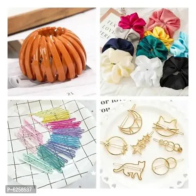 Combo of 15 Pieces Hair Accessories | Golden Hair Clips | Hair Scrunchies | Color Bobby Pins | Birds Nest Hairpin Ball Hair Clutcher | Hair Accessories For Girls and Women-thumb0