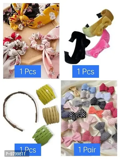 05 Pieces Hair Accessories Combo - Bow Clip | Foldable Hair Band | Velvet Hair Band | Scarf Scrunchies - Multicolor for Women  Girls