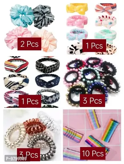 20 Pieces Hair Accessories Combo - Hair Plain Scrunchies | Soft Head Band | Head Band | Beaded Rubber Band | Spiral Rubber Band | Bobby Hair Pins - Multicolor