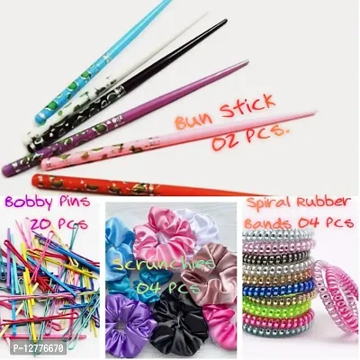 30 Pieces Stylish Hair Accessories Combo &ndash; Bobby Hair Pins | Spiral Rubber Bands | Hair Bun Sticks | Satin Hair Scrunchies - Multicolor for Women  Girls