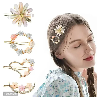 04 Piece Korean Style Pearl Flower Metal Hair clips, Plastic Pearl Barrettes Hairpin for Women  Girls (Multicolor)-thumb0