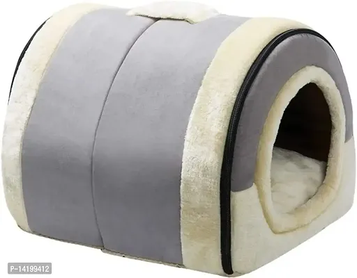 Self-Warming 2-in-1 Foldable Cave House Shape Nest Pet Sleeping Bed for Cats and Small Dogs, Baby Gray-thumb0