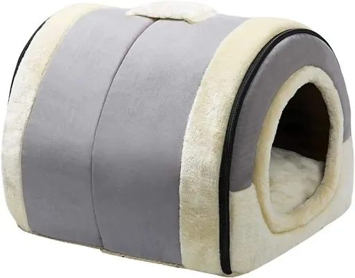Self-Warming 2-in-1 Foldable Cave House Shape Nest Pet Sleeping Bed for Cats and Small Dogs, Baby Gray