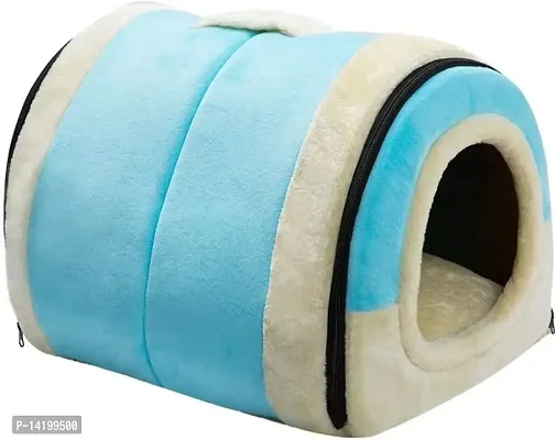 Crystal Velvet Cat Bed, Self-Warming 2 in 1 Foldable Cave House Shape Nest Pet Sleeping Bed for Cats, Light Blue-thumb0