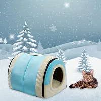 Crystal Velvet Cat Bed, Self-Warming 2 in 1 Foldable Cave House Shape Nest Pet Sleeping Bed for Cats, Light Blue-thumb2