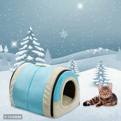 Crystal Velvet Cat Bed, Self-Warming 2 in 1 Foldable Cave House Shape Nest Pet Sleeping Bed for Cats, Light Blue-thumb3