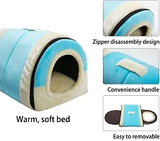 Crystal Velvet Cat Bed, Self-Warming 2 in 1 Foldable Cave House Shape Nest Pet Sleeping Bed for Cats, Light Blue-thumb1