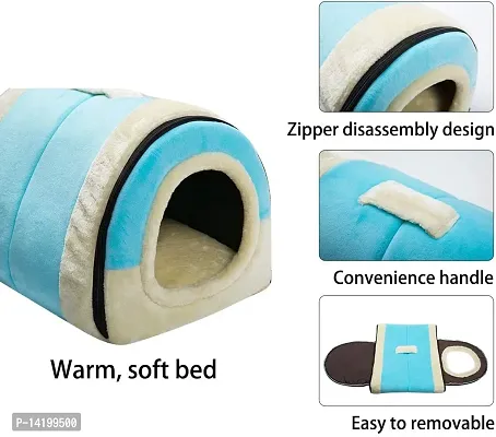 Crystal Velvet Cat Bed, Self-Warming 2 in 1 Foldable Cave House Shape Nest Pet Sleeping Bed for Cats, Light Blue-thumb2