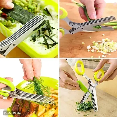 NEYU Multi-Functional Stainless Steel Kitchen Knives 5 blade scissor Cut Herb Spices Cooking Tools Vegetable Cutter with Cleaning Brush (Standard, Colour May Very)-thumb3