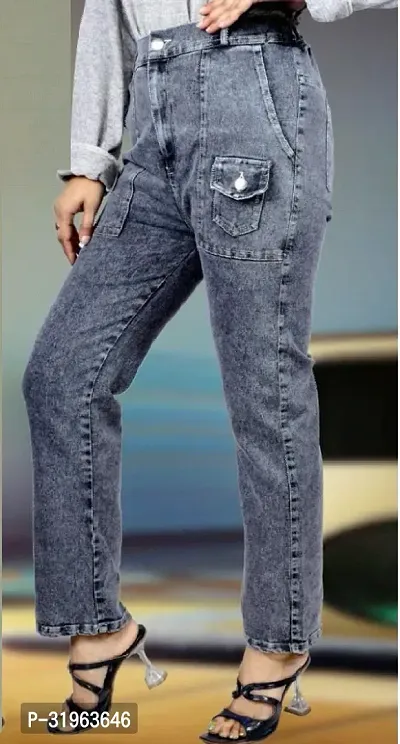 Stylish Grey Denim Embellished Jeans For Women