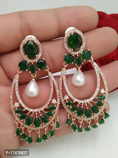 Rosegold Plated Green AD  Pearl Long earrings-thumb0