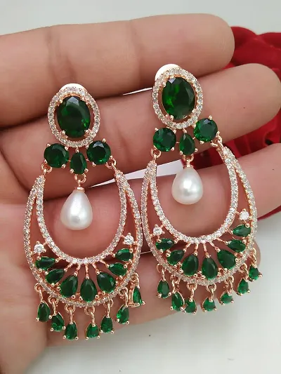 Rosegold Plated Green AD  Pearl Long earrings