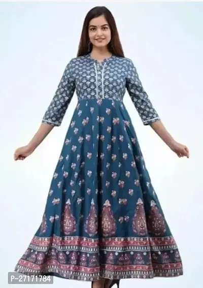 Attractive Blue Printed Rayon Flared Kurta For Women