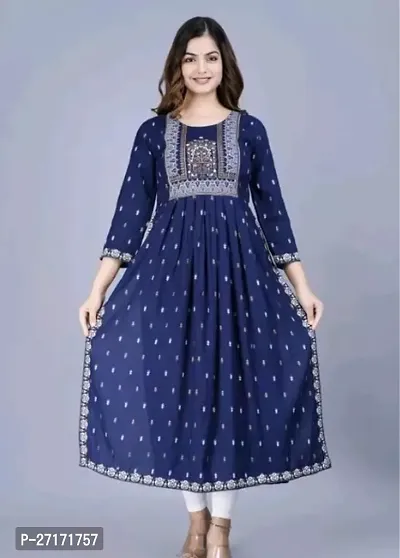 Attractive Blue Printed Rayon A-Line Kurta For Women-thumb0